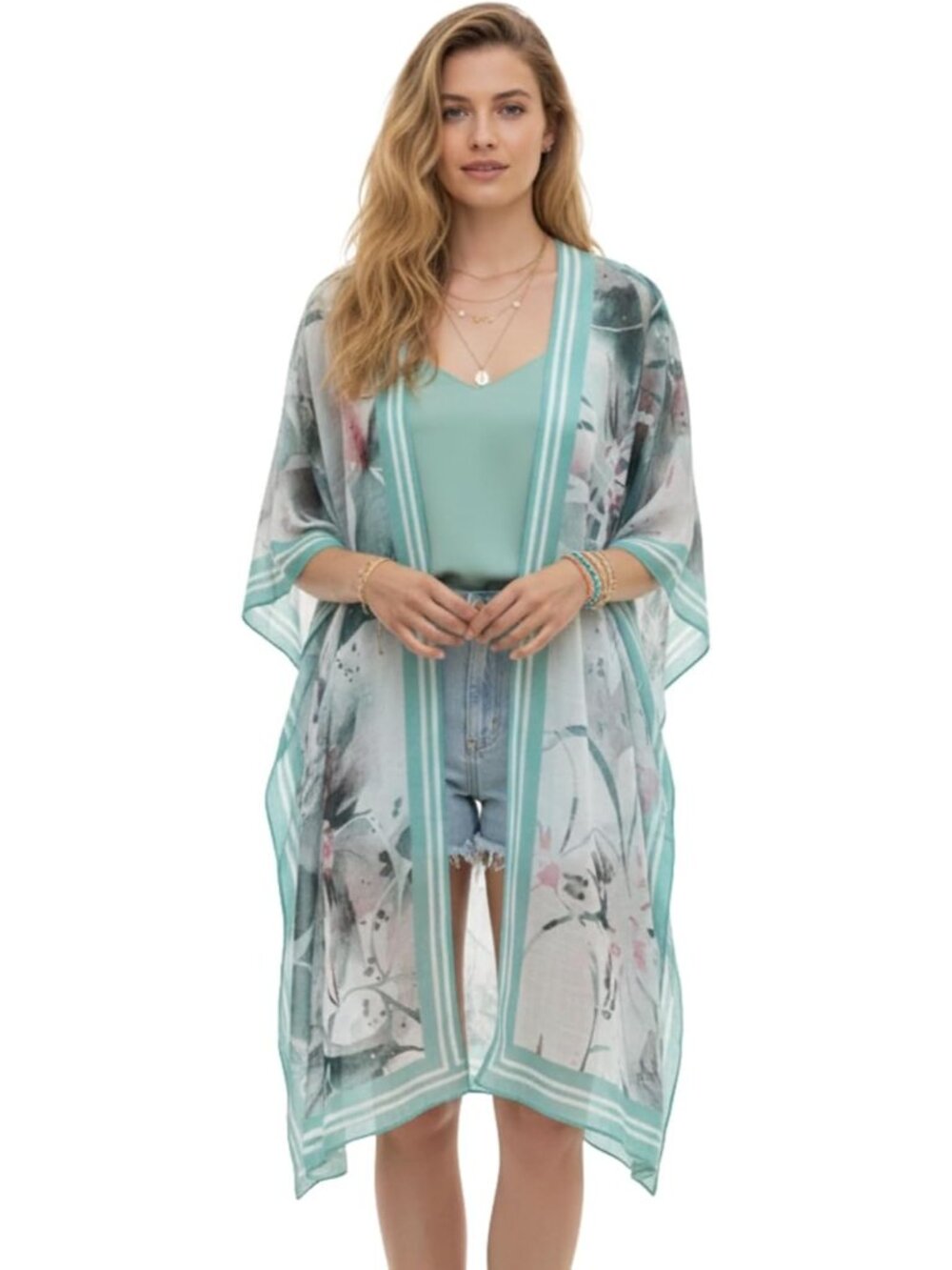 Women's Rz Serenity In Green Viscose Summer Lightweight Boho Kimono Cardigan